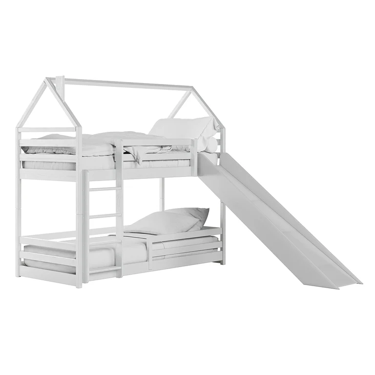 Lit cabane superposé 90x190 au sol toboggan et sommier inclus Aurélien Blanc