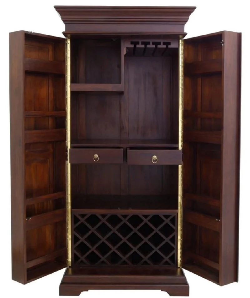 Casa Padrino Luxus Landhausstil Mahagoni Weinschrank mit 2 Türen Dunkelbraun / Messing 92 x 70 x H. 190 cm - Mahagoni Barschrank - Massivholz Schrank im Landhausstil - Landhausstil Bar Möbel