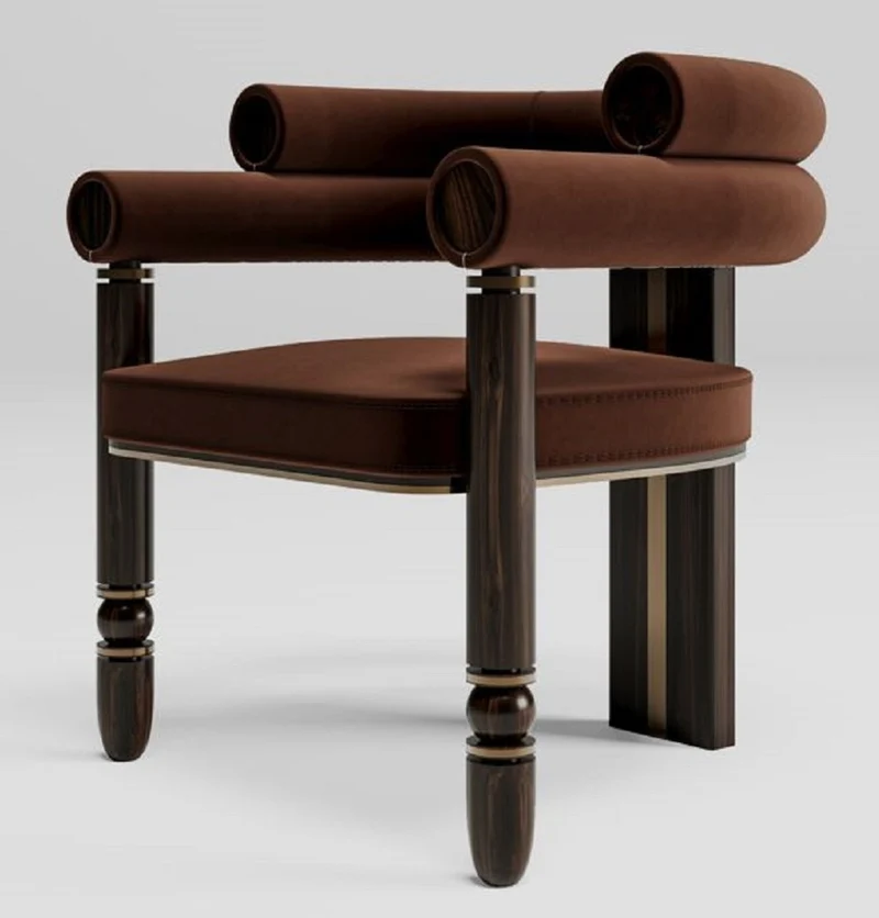 Casa Padrino Luxus Samt Esszimmer Stuhl mit Armlehnen Braun / Dunkelbraun / Messing 69 x 63 x H. 72 cm - Küchen Stuhl mit edlem Samtstoff - Esszimmer Möbel - Luxus Möbel