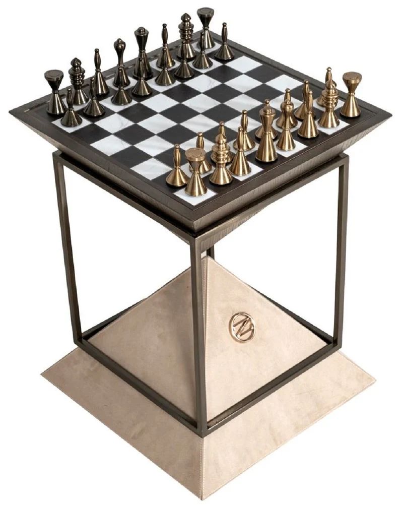 Casa Padrino Luxus Schach Beistelltisch Dunkelbraun / Weiß / Beige / Bronze 50 x 50 x H. 70 cm - Wohnzimmer Beistelltisch - Hotel Tisch - Wohnzimmer Möbel - Hotel Möbel - Luxus Qualität