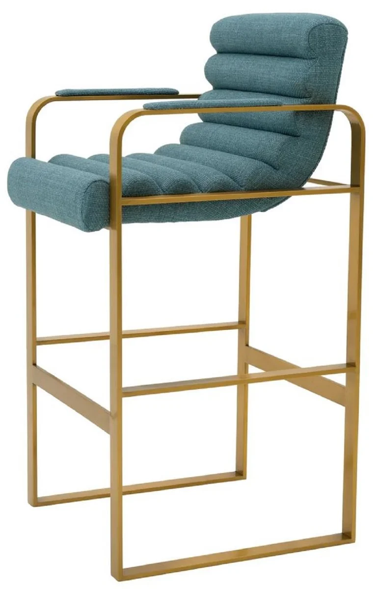 Casa Padrino Luxus Barstuhl mit Armlehnen Blau / Messing 53,5 x 57,5 x H. 107 cm - Gepolsterter Edelstahl Barhocker - Bar Möbel - Luxus Möbel - Luxus Qualität
