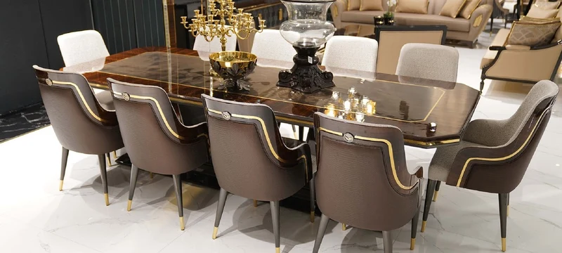 Casa Padrino Luxus Esszimmer Set Grau / Braun / Gold - 1 Esstisch & 10 Esszimmerstühle - Luxus Esszimmer Möbel - Luxus Qualität