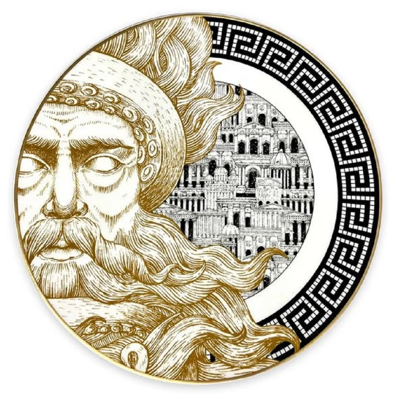 Casa Padrino Luxus Porzellan Teller Gott (linke Seite) Weiß / Schwarz / Gold Ø 29 cm - Handbemalter Porzellan Essteller - Luxus Qualität - Made in Italy