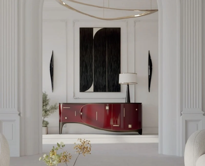 Casa Padrino Luxus Art Deco Sideboard Rot / Schwarz / Messing 195 x 55 x H. 75 cm - Edler Massivholz Schrank - Art Deco Möbel - Hotel Möbel - Luxus Möbel