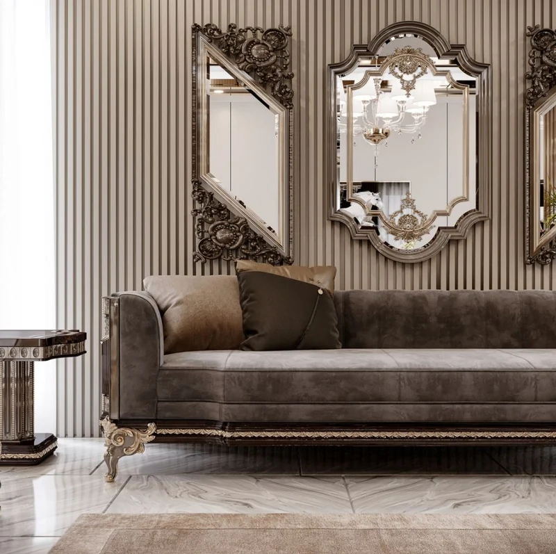 Casa Padrino Luxus Barock Sofa Grau / Dunkelbraun / Gold 265 cm