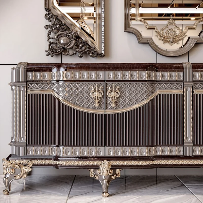 Casa Padrino Luxus Barock Sideboard und 3 Spiegel Dunkelbraun / Grau / Gold