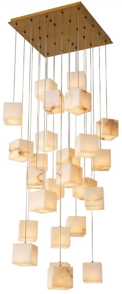 Casa Padrino Luxus LED Kronleuchter Antik Messing / Alabaster 60 x 60 x H. 180 cm - Wohnzimmer Kronleuchter mit Alabaster Lampenschirmen - Luxus Qualität