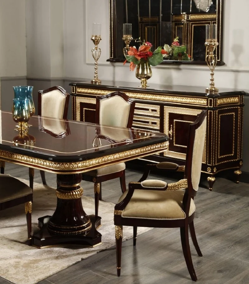 Casa Padrino Luxus Barock Esszimmer Stuhl mit Armlehnen Gold / Dunkelbraun / Gold - Luxus Esszimmer Möbel im Barockstil - Prunkvolle Barock Möbel - Barock Interior