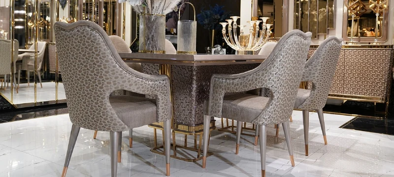 Casa Padrino Luxus Esszimmer Set Weiß / Grau / Gold - 1 Luxus Esstisch & 6 Luxus Esszimmerstühle - Luxus Esszimmer Möbel
