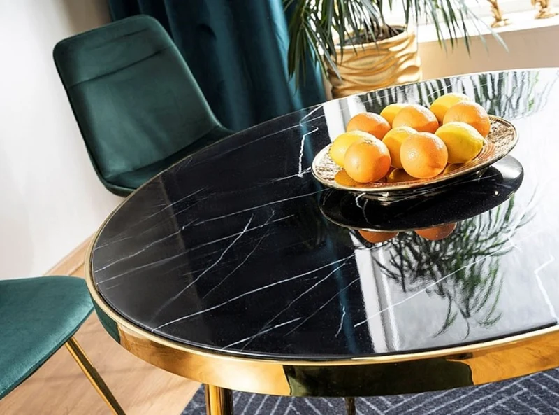 Casa Padrino Luxus Esstisch Schwarz / Gold Ø 100 x H. 75 cm - Runder Esszimmertisch mit Glasplatte in Marmoroptik - Esszimmer Möbel - Küchen Möbel