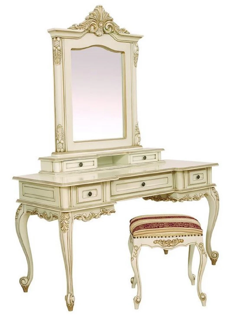 Casa Padrino Luxus Barock Schminktisch mit Spiegel Creme / Beige - Prunkvolle Barockstil Schminkkommode mit Wandspiegel - Luxus Schlafzimmer Möbel im Barockstil - Barock Möbel