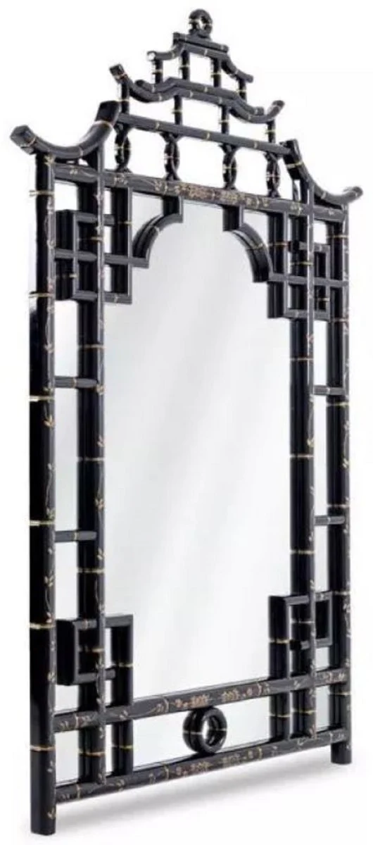 Casa Padrino Luxus Spiegel Schwarz / Gold 110 x 5 x H. 170 cm - Prunkvoller asiatischer Mahagoni Wandspiegel - Luxus Möbel im asiatischen Stil - Luxus Kollektion