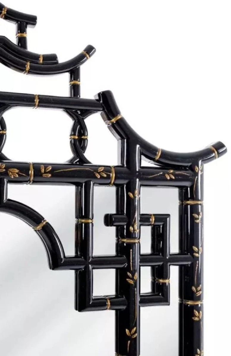 Casa Padrino Luxus Spiegel Schwarz / Gold 110 x 5 x H. 170 cm - Prunkvoller asiatischer Mahagoni Wandspiegel - Luxus Möbel im asiatischen Stil - Luxus Kollektion