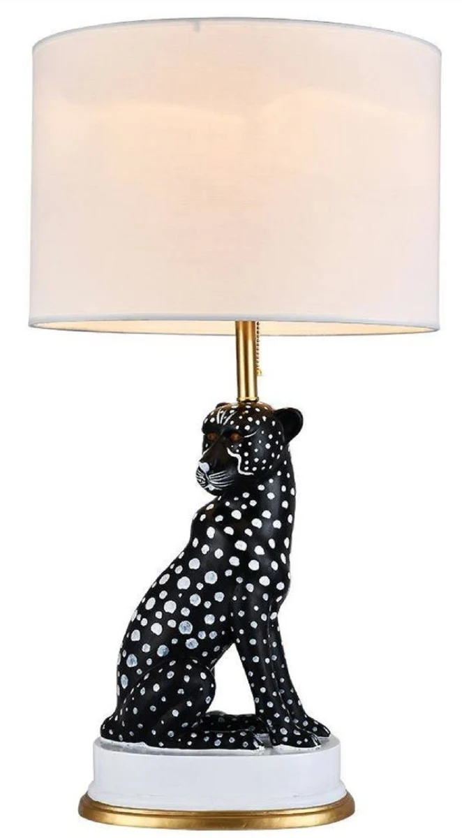 Casa Padrino Luxus Keramik Tischleuchte Puma Katze Schwarz / Weiß / Gold Ø 38 x H. 72 cm - Keramik Schreibtischleuchte mit rundem Lampenschirm - Luxus Keramik Leuchten