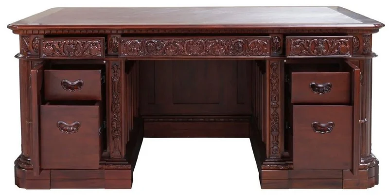 Casa Padrino Luxus Barock Mahagoni Schreibtisch Dunkelbraun / Braun 185 x 125 x H. 83 cm - Prunkvoller Barockstil Massivholz Bürotisch - Mahagoni Büro Möbel - Barock Büro Möbel