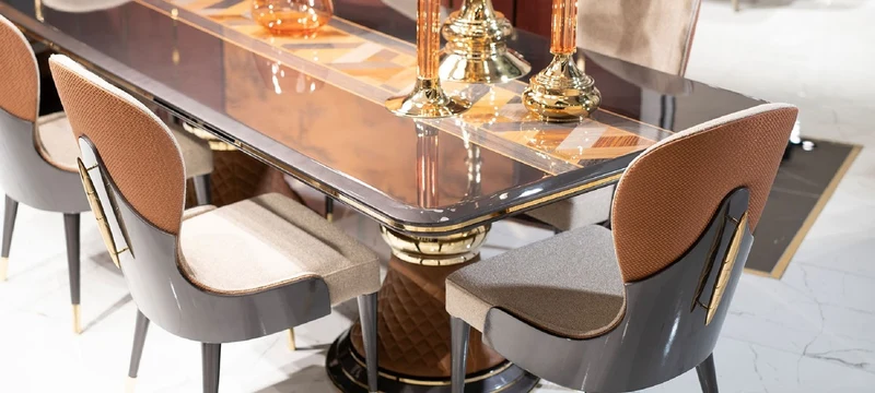 Casa Padrino Luxus Art Deco Esszimmer Set Creme / Grau / Mehrfarbig / Braun / Gold - 1 Luxus Art Deco Esstisch & 6 Luxus Art Deco Esszimmerstühle - Luxus Art Deco Esszimmer Möbel