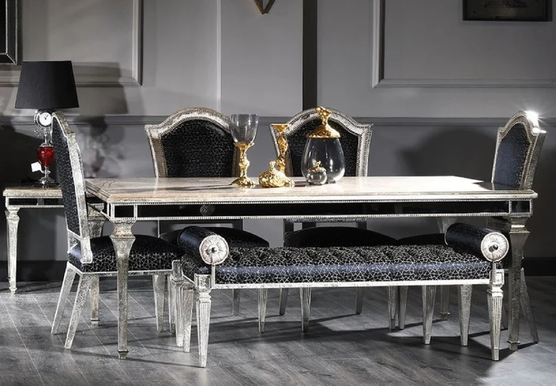 Casa Padrino Luxus Barock Esszimmer Set Schwarz / Antik Silber - 1 Barock Esstisch & 4 Barock Esszimmerstühle & 1 Barock Sitzbank - Luxus Esszimmer Möbel im Barockstil - Edel & Prunkvoll