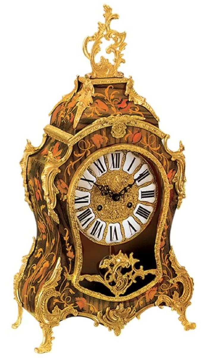 Casa Padrino Luxus Barock Tischuhr Braun / Mehrfarbig / Gold - Prunkvolle Barockstil Uhr - Handgeschnitzte Barock Schreibtischuhr - Luxus Qualität - Made in Italy