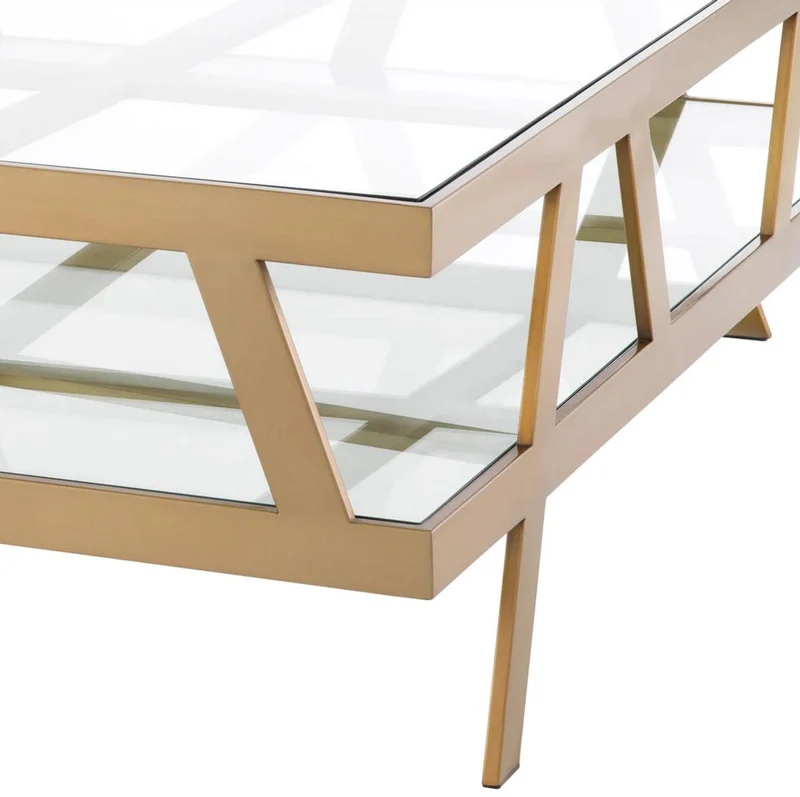 Casa Padrino Luxus Couchtisch Messing 110 x 110 x H. 37 cm - Quadratischer Edelstahl Wohnzimmertisch mit Glasplatten - Wohnzimmer Möbel - Hotel Möbel - Luxus Möbel - Luxus Qualität