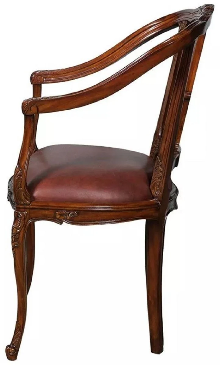 Casa Padrino Luxus Barock Leder Esszimmer Stuhl 4er Set mit Armlehnen Braun - Prunkvolle Barockstil Echtleder Küchen Stühle - Luxus Barock Esszimmer Möbel - Edel & Prunkvoll