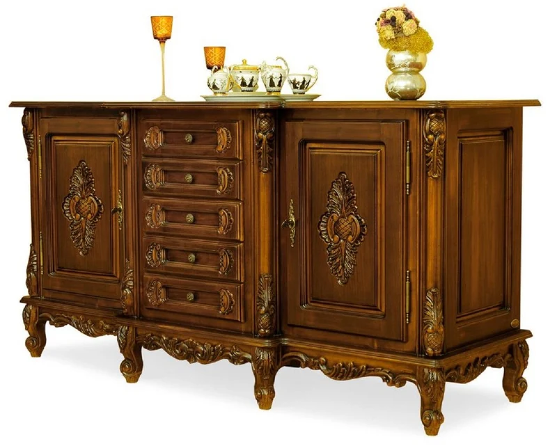 Casa Padrino Luxus Barock Sideboard Braun - Prunkvoller Massivholz Schrank mit 5 Schubladen und 2 Türen - Luxus Möbel im Barockstil - Barock Möbel - Edel & Prunkvoll
