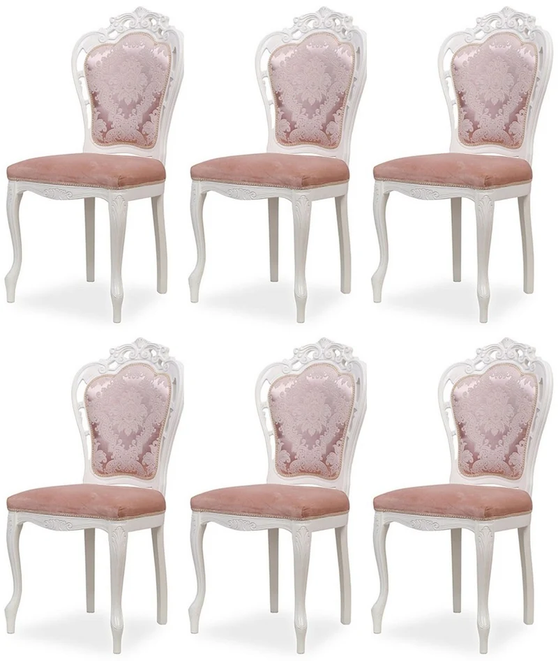 Casa Padrino Luxus Barock Esszimmer Stuhl 6er Set mit elegantem Muster Rosa / Weiß - Barockstil Küchen Stühle - Prunkvolle Luxus Esszimmer Möbel im Barockstil - Edel & Prunkvoll