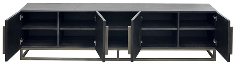 Casa Padrino Luxus Massivholz TV Schrank Schwarz / Messing 220 x 43 x H. 60 cm - Rustikales Eichenholz Wohnzimmer Sideboard mit 4 Türen - Rustikale Luxus Massivholz Wohnzimmer Möbel