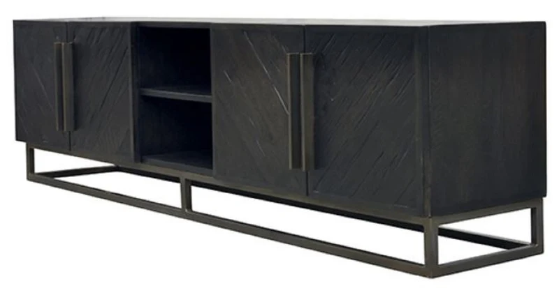 Casa Padrino Luxus Massivholz TV Schrank Schwarz / Messing 220 x 43 x H. 60 cm - Rustikales Eichenholz Wohnzimmer Sideboard mit 4 Türen - Rustikale Luxus Massivholz Wohnzimmer Möbel