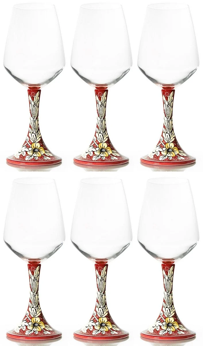 Casa Padrino Luxus Keramik Weinglas 6er Set Rot / Mehrfarbig H. 23,5 cm - Handgefertigte & handbemalte Weingläser - Hotel & Restaurant Accessoires - Luxus Qualität - Made in Italy