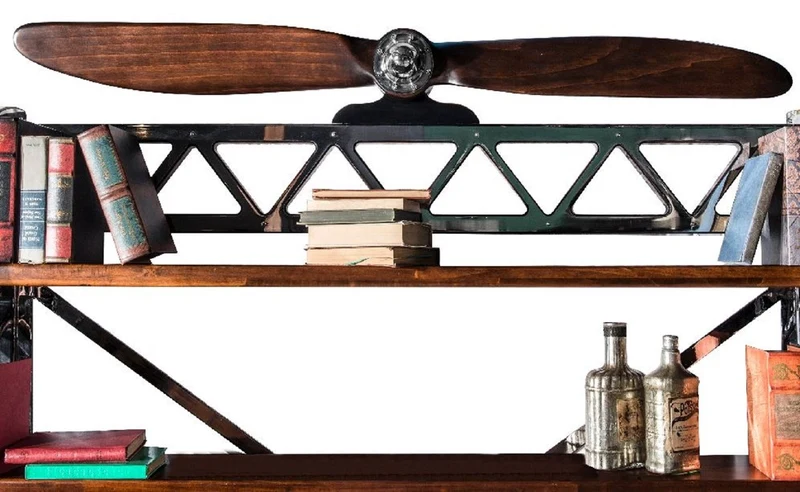 Casa Padrino Luxus Industrie Stil Bücherschrank Silber / Schwarz / Braun 171 x 29,5 x H. 208,5 cm - Metall Schrank mit dekorativem Flugzeug Propeller - Büroschrank - Luxus Industrie Stil Möbel