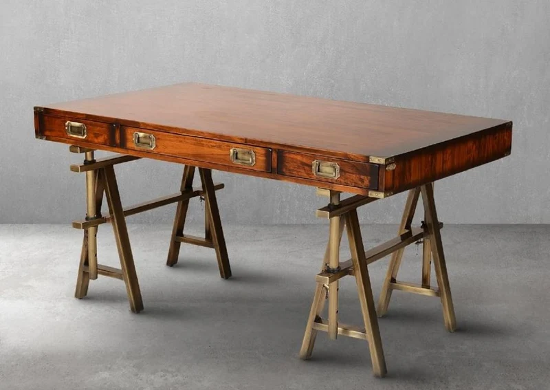 Casa Padrino Luxus Vintage Industrie Stil Schreibtisch Braun / Messing 149 x 85 x H. 77,5 cm - Bürotisch mit 3 Schubaden - Luxus Vintage Industrie Stil Büro Möbel