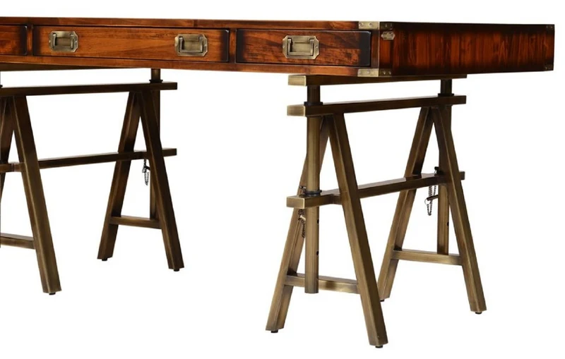 Casa Padrino Luxus Vintage Industrie Stil Schreibtisch Braun / Messing 149 x 85 x H. 77,5 cm - Bürotisch mit 3 Schubaden - Luxus Vintage Industrie Stil Büro Möbel