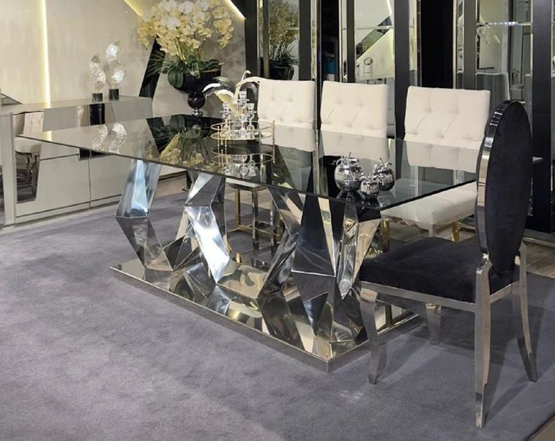 Casa Padrino Luxus Designer Esstisch Silber 240 x 100 x H. 76 cm - Rechteckiger Metall Esszimmertisch mit Glasplatte - Esszimmer Möbel - Luxus Möbel - Luxus Esszimmer Einrichtung