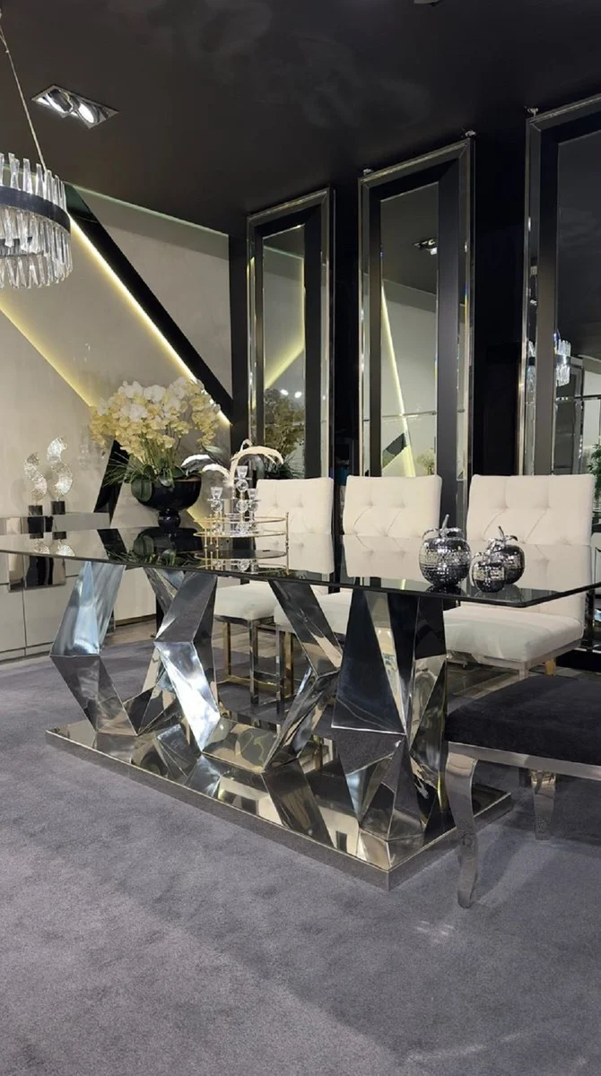 Casa Padrino Luxus Designer Esstisch Silber 240 x 100 x H. 76 cm - Rechteckiger Metall Esszimmertisch mit Glasplatte - Esszimmer Möbel - Luxus Möbel - Luxus Esszimmer Einrichtung