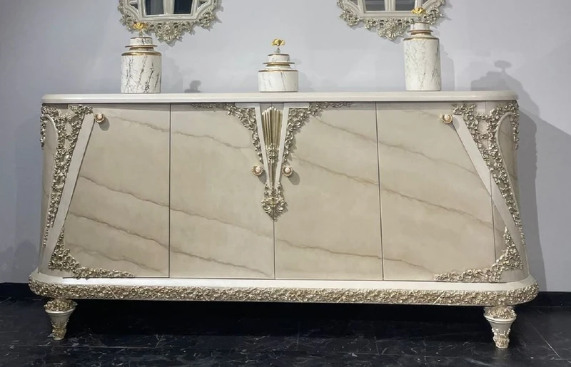 Casa Padrino Luxus Barock Sideboard Beige / Grau / Gold - Barockstil Massivholz Schrank mit 4 Türen - Luxus Möbel im Barockstil - Barock Möbel - Edel & Prunkvoll