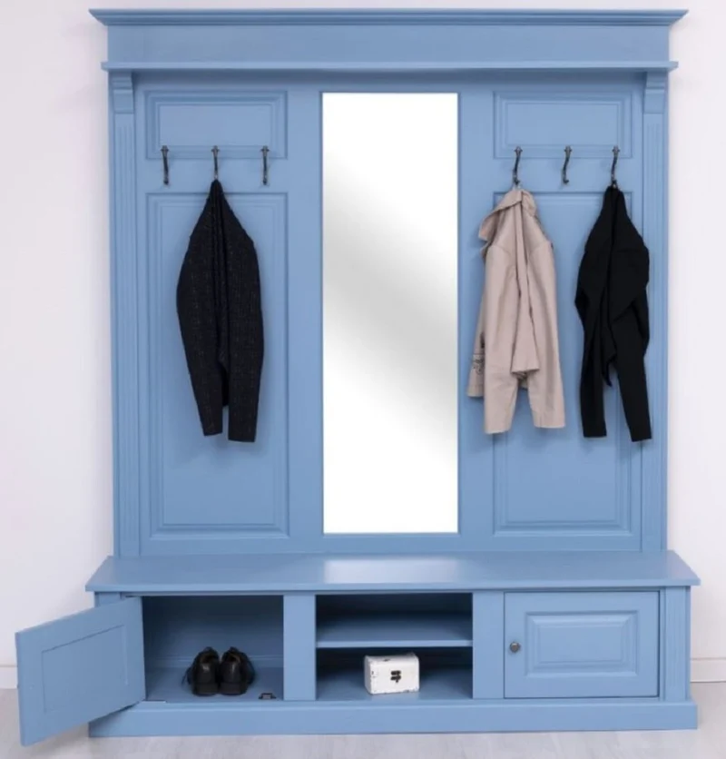 Casa Padrino Landhausstil Garderobe Hellblau 180 x 41 x H. 210 cm - Massivholz Garderobenschrank mit Spiegel - Massivholz Garderobenmöbel - Landhausstil Garderobenmöbel