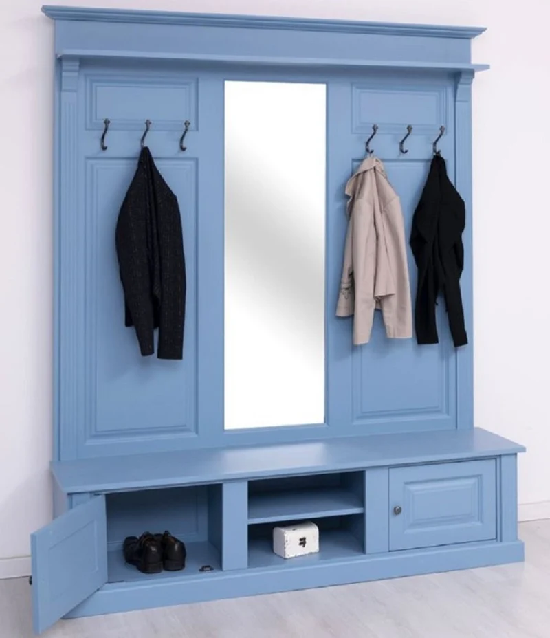 Casa Padrino Landhausstil Garderobe Hellblau 180 x 41 x H. 210 cm - Massivholz Garderobenschrank mit Spiegel - Massivholz Garderobenmöbel - Landhausstil Garderobenmöbel