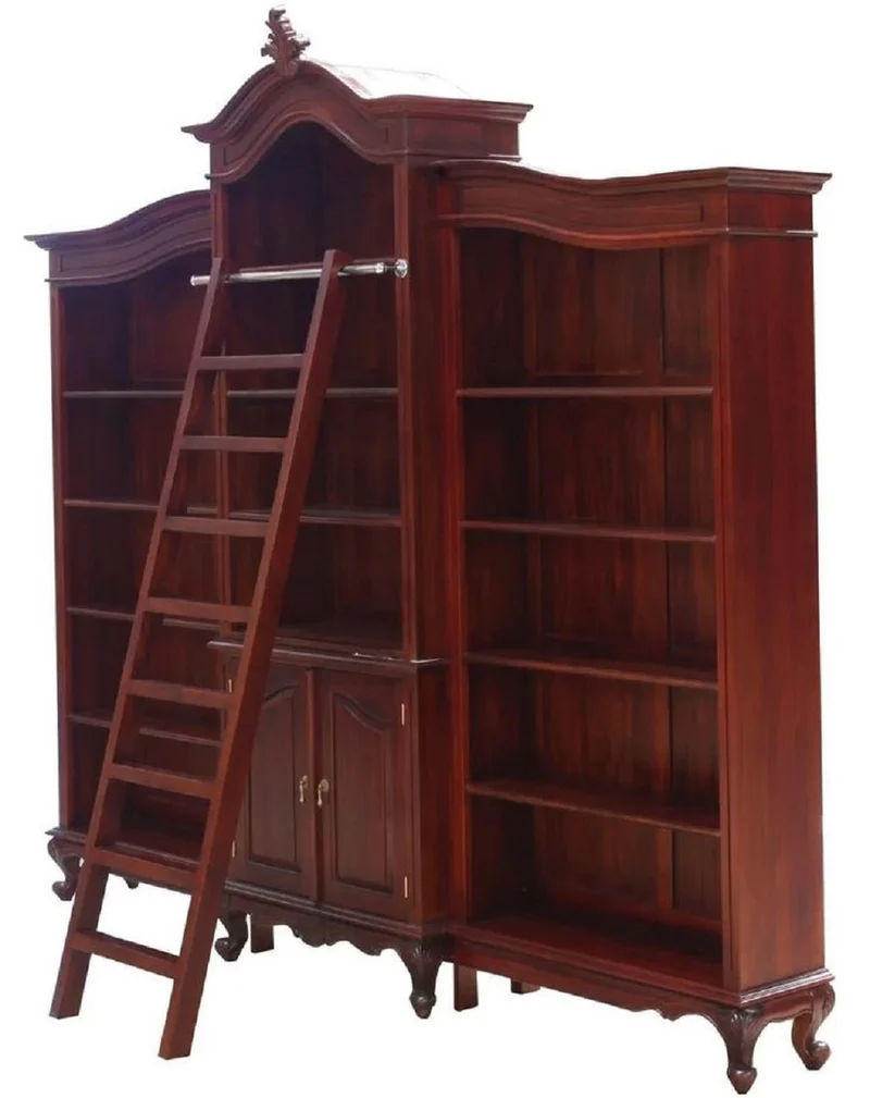 Casa Padrino Luxus Barock Mahagoni Bücherschrank Dunkelbraun 280 x 47 x H. 245 cm - Prunkvoller Barockstil Schrank mit Leiter - Barock Büro Möbel - Edel & Prunkvoll