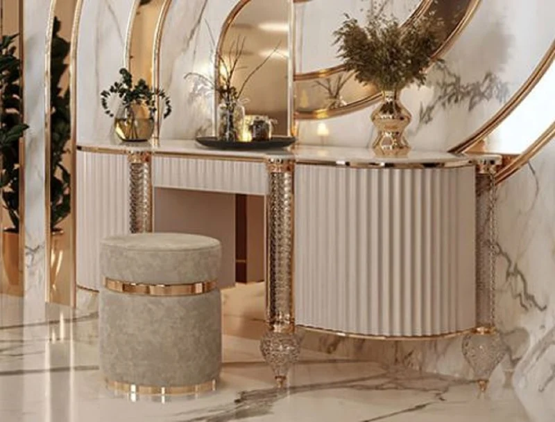 Casa Padrino Luxus Art Deco Schminkkommode Creme / Weiß / Gold 188 x 60 x H. 89 cm - Schminktisch mit Kunstmarmor Platte - Art Deco Schlafzimmer Möbel - Luxus Schlafzimmer Möbel