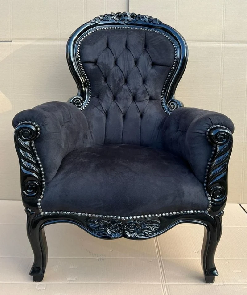 Casa Padrino Barock Samt Sessel Schwarz - Prunkvoller Massivholz Wohnzimmer Sessel - Antik Stil Wohnzimmer Sessel - Barock Wohnzimmer Möbel