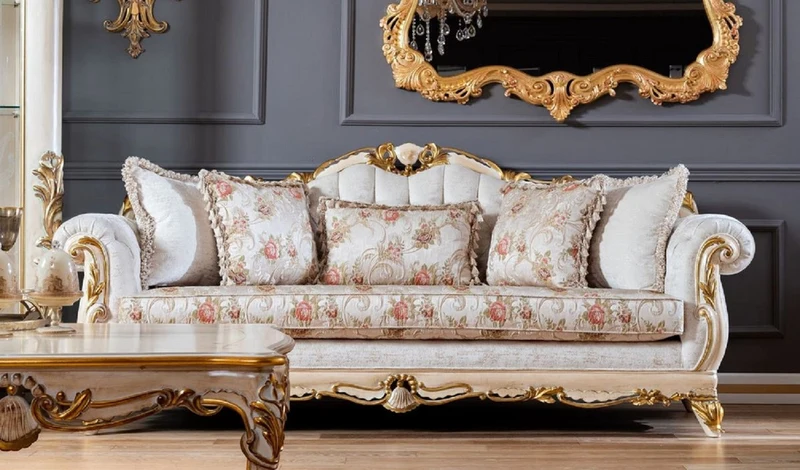 Pompöös by Casa Padrino Luxus Barock Wohnzimmer Sofa Provence Weiß / Beige / Gold - Pompööses Barockstil Sofa designed by Harald Glööckler