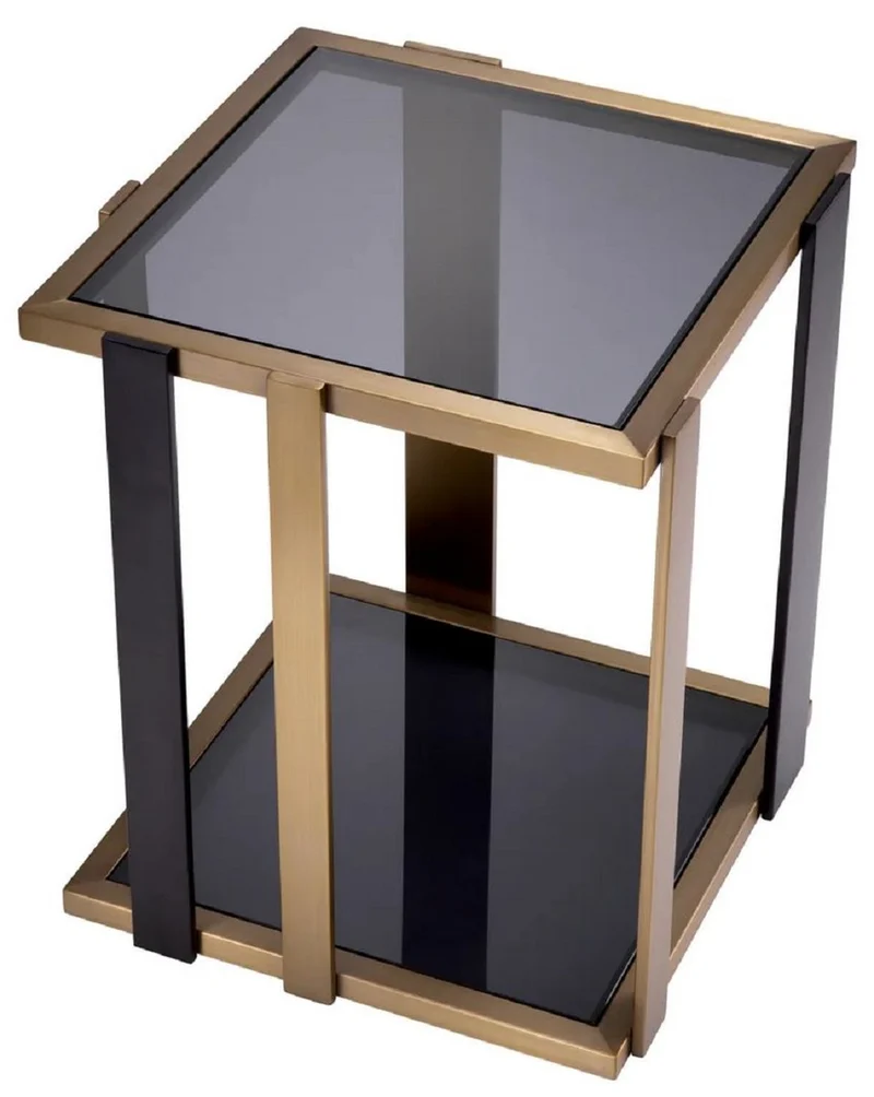 Casa Padrino Luxus Beistelltisch Messing / Schwarz / Grau 47,5 x 47,5 x H. 55,5 cm - Quadratischer Tisch mit Glasplatten - Wohnzimmer Möbel - Luxus Möbel - Luxus Qualität