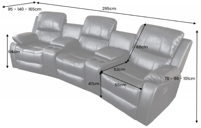 Casa Padrino Kunstleder 3er Kinosessel Schwarz 295 x 95-165 x H. 78-101 cm - Wohnzimmer Fernsehsessel mit Getränkehalter und Ablagefach - Kunstleder Möbel - Wohnzimmer Möbel