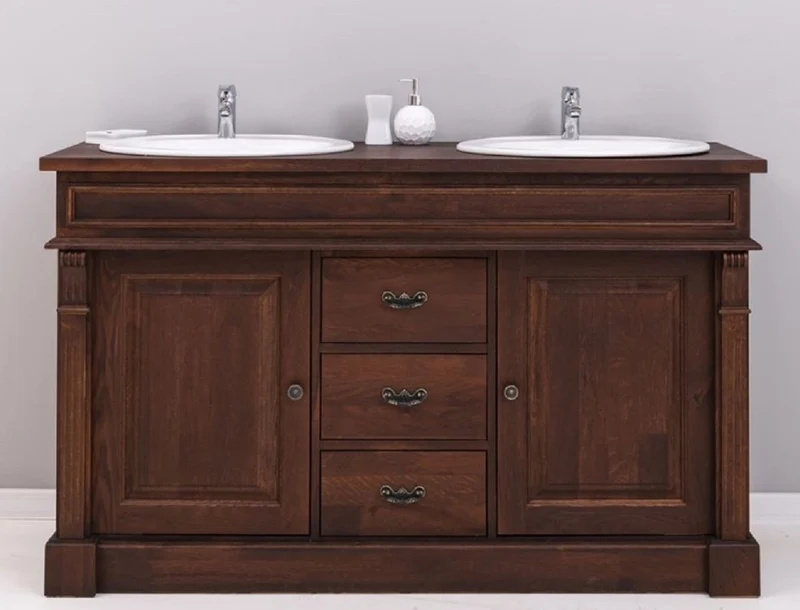 Casa Padrino Landhausstil Doppel Waschbeckenschrank mit 2 Keramik Waschbecken Dunkelbraun / Weiß 150 x 51 x H. 91 cm - Massivholz Badezimmer Möbel im Landhausstil - Landhausstil Möbel