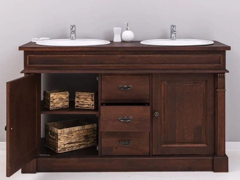 Casa Padrino Landhausstil Doppel Waschbeckenschrank mit 2 Keramik Waschbecken Dunkelbraun / Weiß 150 x 51 x H. 91 cm - Massivholz Badezimmer Möbel im Landhausstil - Landhausstil Möbel