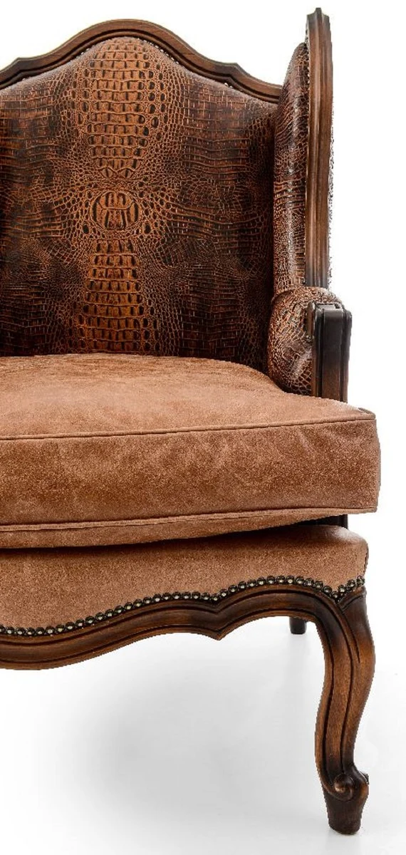 Casa Padrino Luxus Barock Leder Ohrensessel Braun - Handgefertigter Barockstil Wohnzimmer Echtleder Sessel - Luxus Wohnzimmer Möbel im Barockstil - Barock Leder Möbel - Edel & Prunkvoll