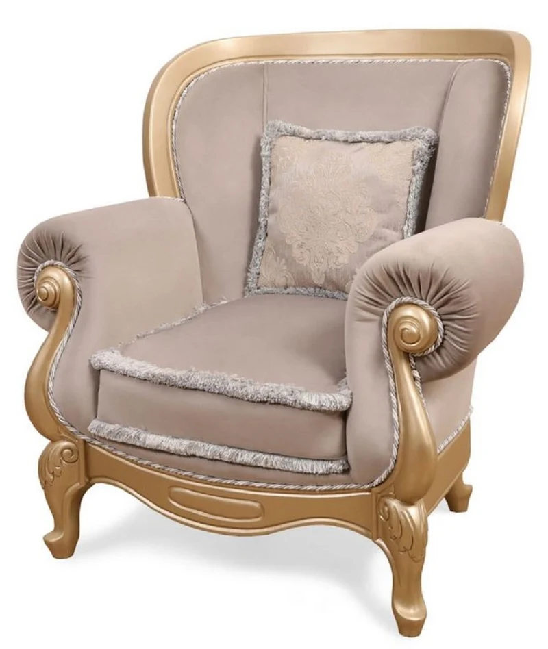 Casa Padrino Luxus Barock Wohnzimmer Sessel Grau / Gold - Handgefertigter Barockstil Sessel - Prunkvolle Luxus Wohnzimmer Möbel im Barockstil - Barock Möbel - Edel & Prunkvoll