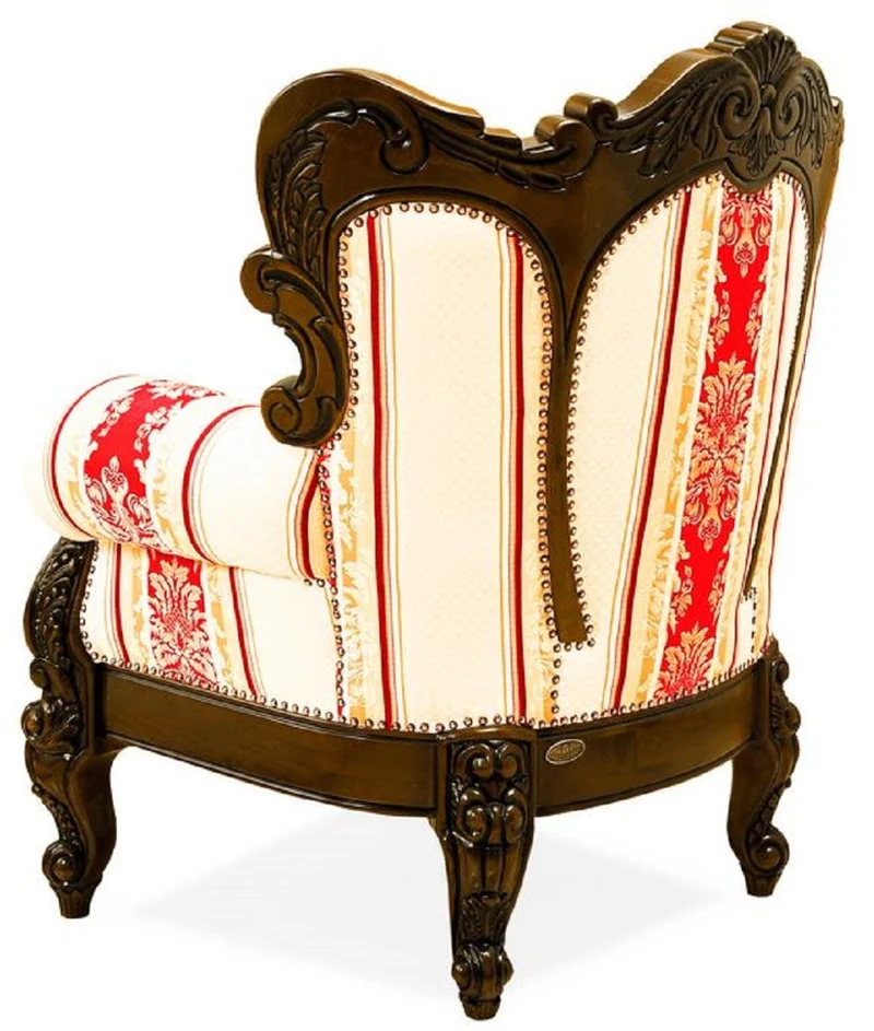 Casa Padrino Luxus Barock Sessel mit Streifen Creme / Gelb / Rot / Dunkelbraun - Gestreifter Wohnzimmer Sessel im Barockstil - Barock Wohnzimmer Möbel - Edel & Prunkvoll