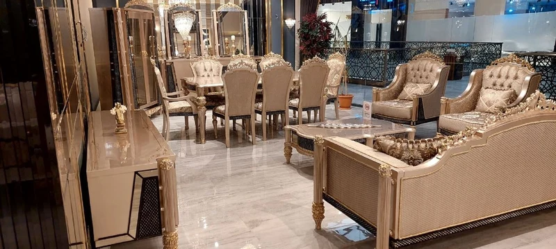 Casa Padrino Luxus Barock Esszimmer Set Grau / Schwarz / Gold - 1 Barock Esstisch & 8 Barock Esszimmerstühle - Luxus Esszimmer Möbel im Barockstil - Prunkvolle Barock Esszimmer Möbel