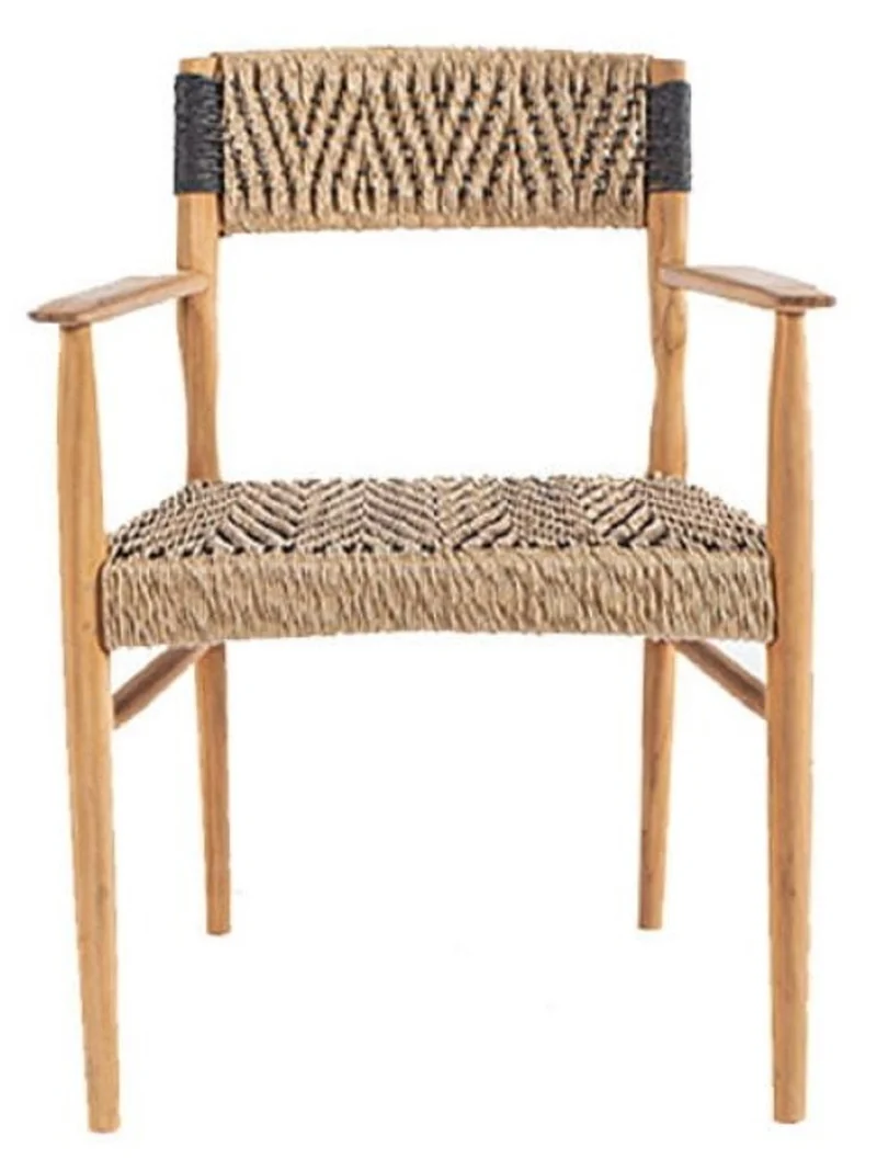 Casa Padrino Luxus Esszimmer Stuhl mit Armlehnen Naturfarben / Schwarz 58 x 55 x H. 80 cm - Luxus Massivholz Garten Stuhl mit edlem Rattangeflecht - Luxus Esszimmer Möbel - Garten Rattan Möbel